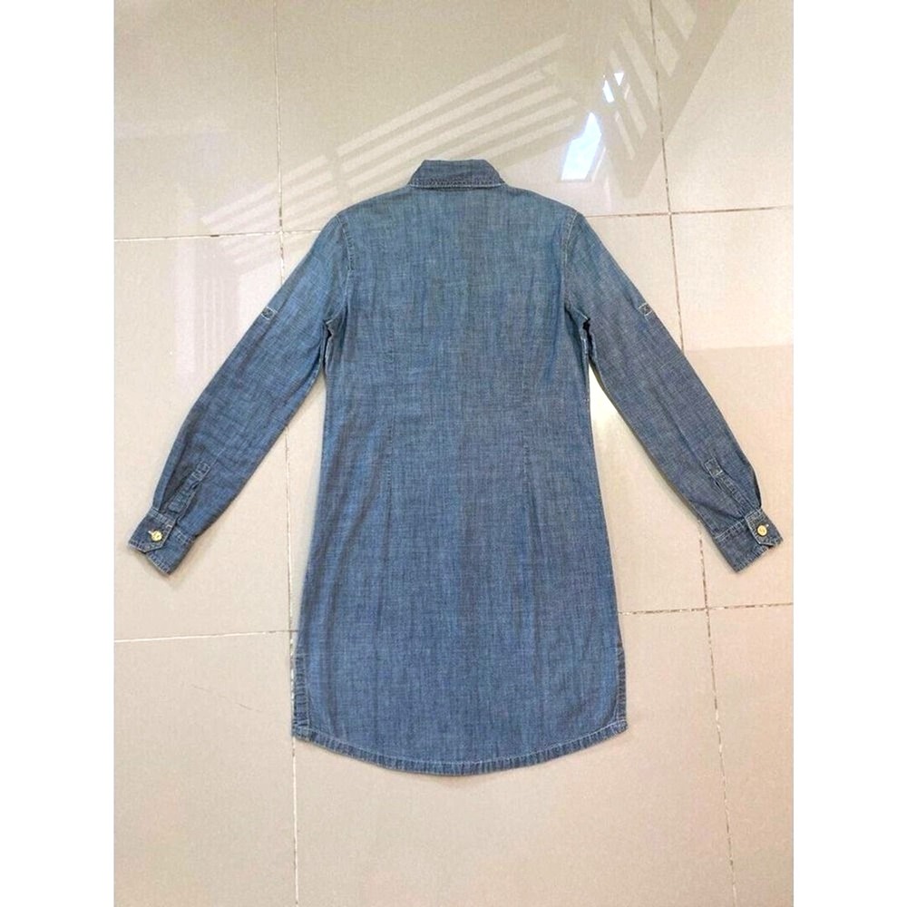 Tory Burch Shirt Dress Womens 6 Blue Chambray Gold Logo Button Military Utility - Picture 3 of 5